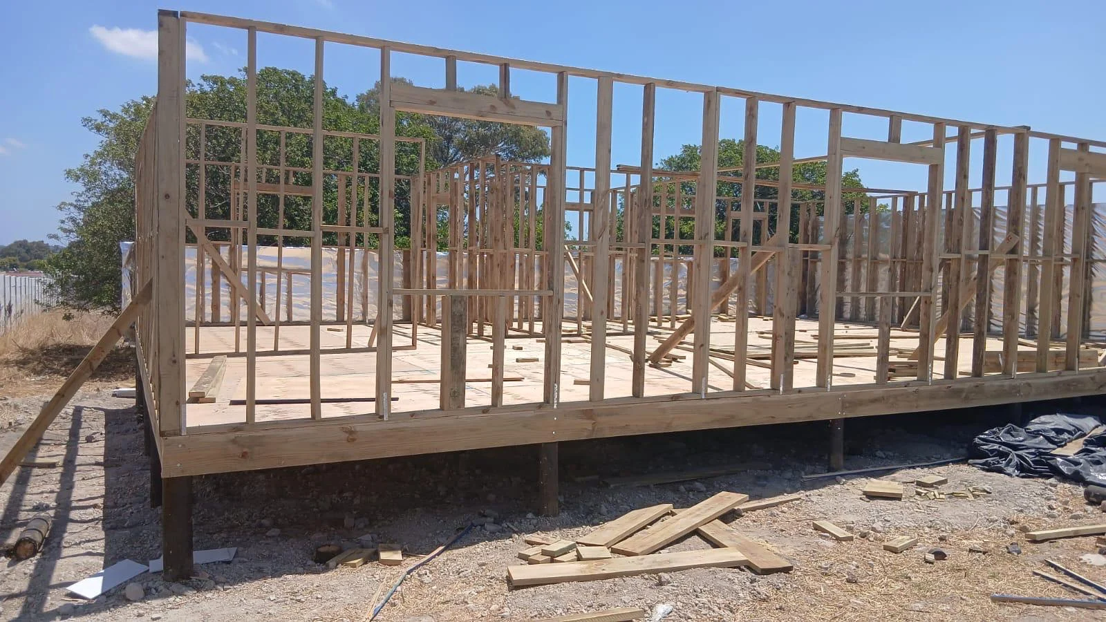 Timber wall framing during construction